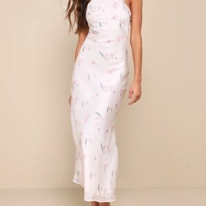 Lulu's White and Pink Sheath Midi Dress Halter Neckline